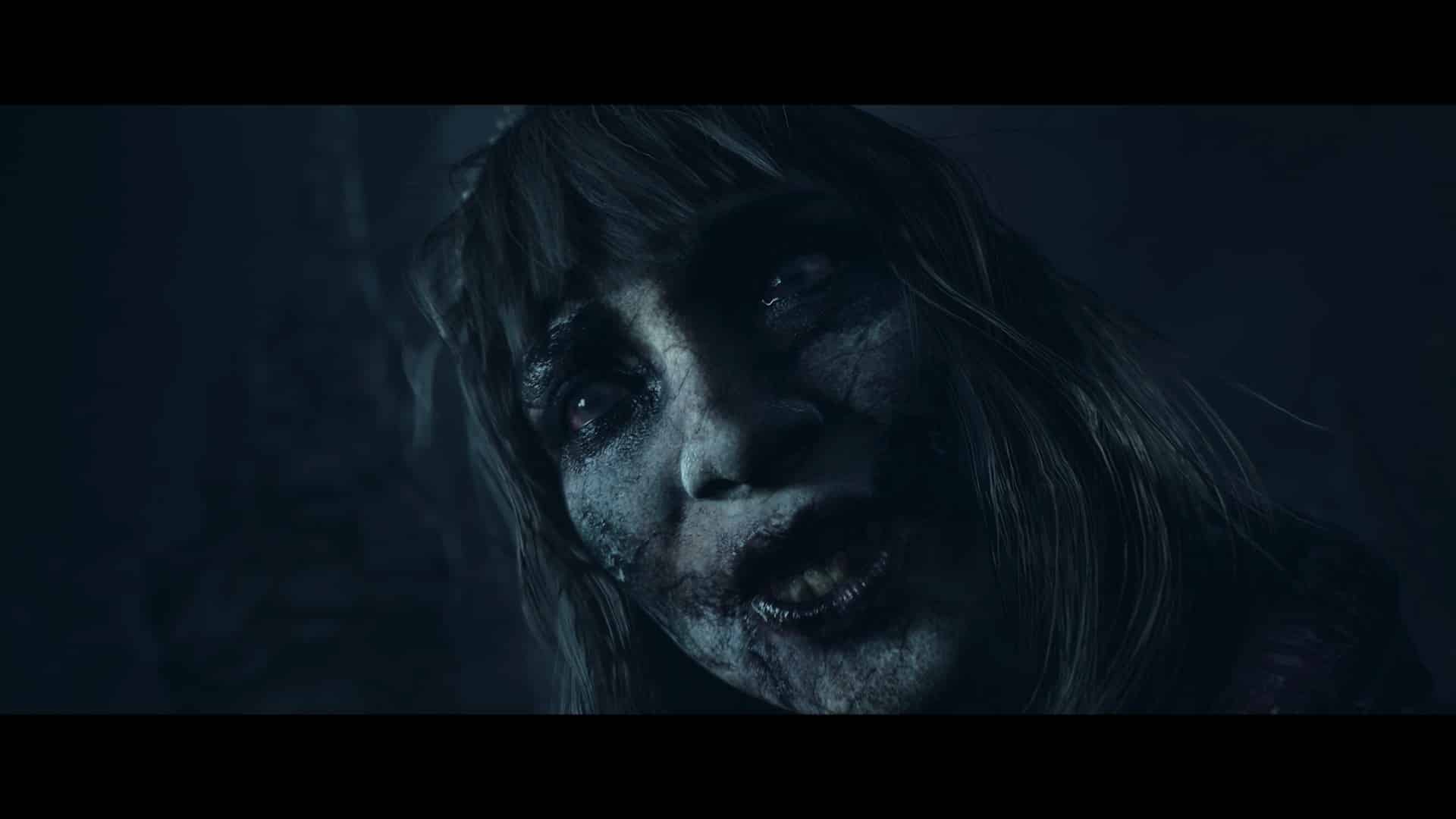 A close-up of a creepy, decaying zombie face with sunken eyes and disheveled hair looms in the dark setting, echoing the chilling atmosphere of Until Dawn (2024).