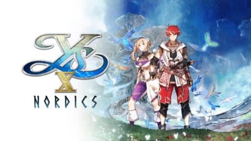 Adol Christin and his new companion Karja set against a blue and white fantasy background, featuring the Ys X: Nordics logo.