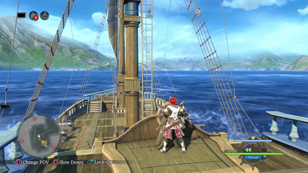 In a scene from Ys X: Nordics, Adol stands on a ship with the vast ocean and majestic mountains as their backdrop. HUD elements strategically overlay the breathtaking view, enhancing the immersive gameplay experience.