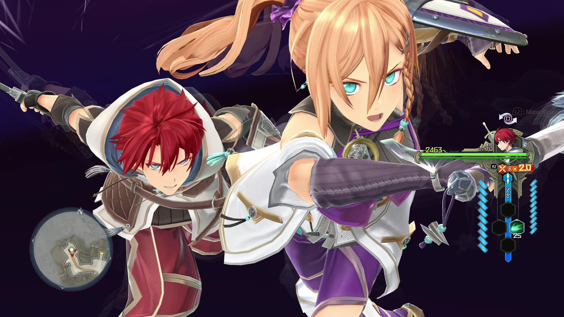 Adol Christin and Karja from Ys X: Nordics clash swords in dynamic battle poses, set against a dark background with game interface elements enhancing the intensity.