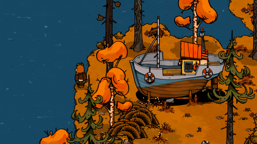 A cartoon boat rests on a forested shoreline with orange trees, under the soothing gaze of a calm blue lake. Nearby, a bear enjoys its morning routine—a leisurely breakfast by the serene waterscape.