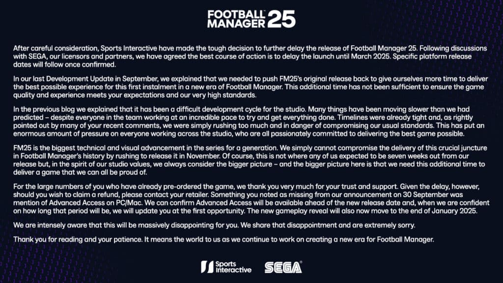 Football Manager 25 delayed