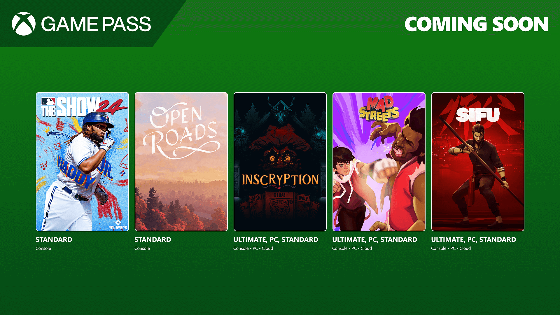 Xbox Game Pass "Coming Soon" titles include MLB The Show 22, Open Roads, Inscryption, Mad Streets, and Sifu.