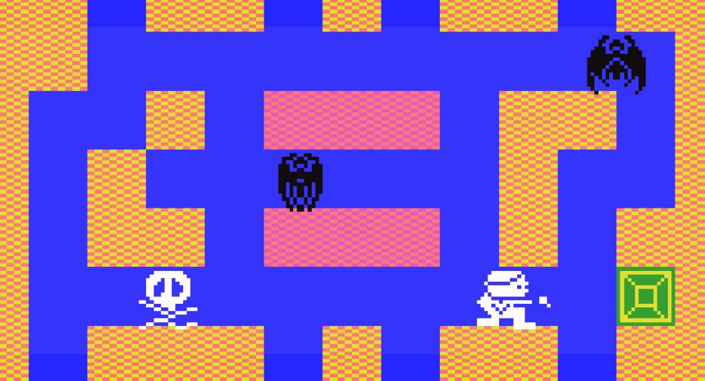 Retro-style video game scene from Pyramid Warp featuring a white character, two bats, and a skull icon navigating a pixelated blue and yellow maze.