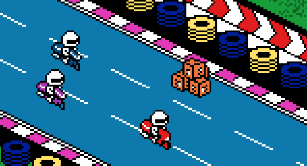 Pixel art of Radikal Bikers racing on a track lined with tire barriers and stacked boxes, capturing the retro charm reminiscent of Antstream Arcade classics.