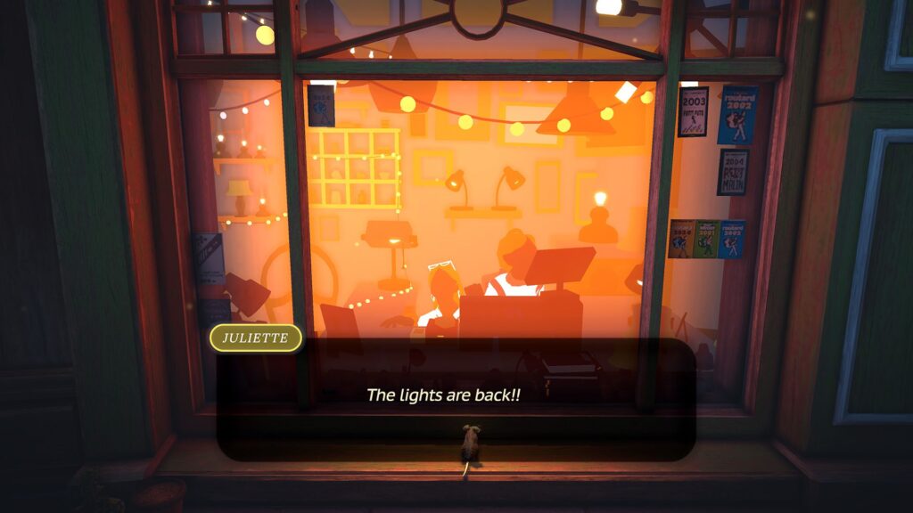 A small character outside a cozy, brightly lit room with figures and festive lights, captioned "The lights are back!!" This scene feels like snagging an Epic Games free game during their Free Games Weekly event—pure excitement and joy.