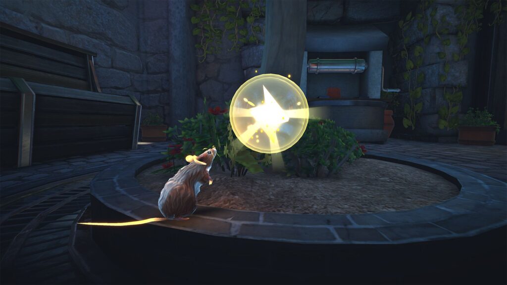 A mouse looks at a glowing orb with a star in a garden setting, near a bench and potted plants, as if discovering an Epic Games free game from the Free Games Weekly collection.