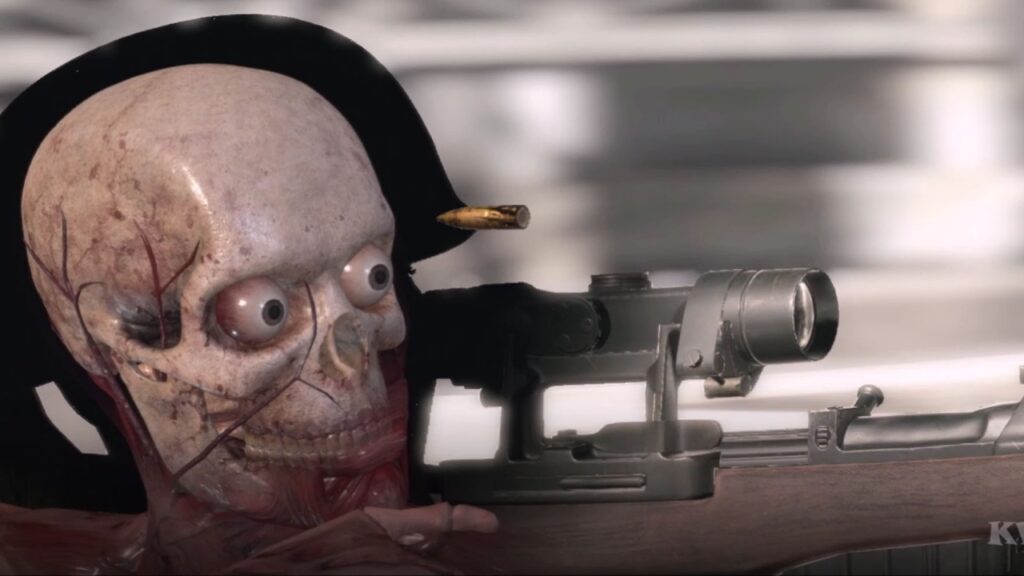 X-ray view in a video game showing a skull with eyes aiming a sniper rifle, with a bullet exiting the chamber.