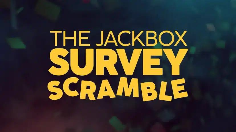 Text: "The Jackbox Survey Scramble" on a dark, colorful background.