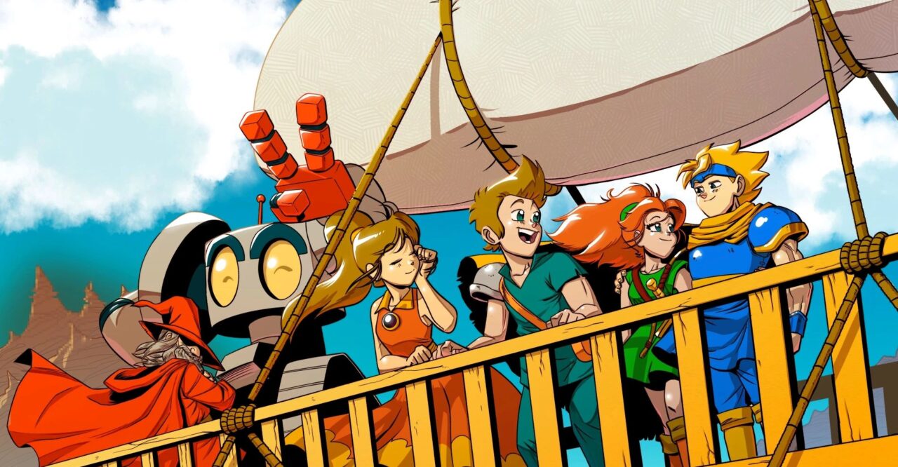 Five adventurers and a robot stand on a wooden airship, flying through the sky under a large white balloon, ready for their next quest in 8 Bit Adventures 2.