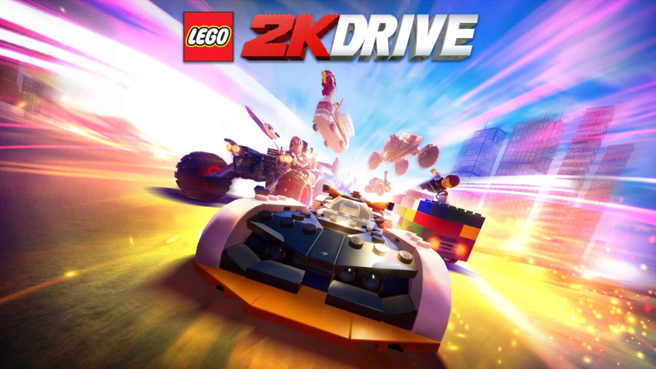 LEGO 2K Drive game cover features LEGO cars racing at high speed through vibrant, dynamic backgrounds, capturing the thrilling spirit of LEGO 2K Drive.