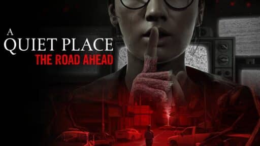 A person with glasses gestures for silence, enveloped in a red and dark theme, reflecting the suspenseful aura of "A Quiet Place: The Road Ahead.