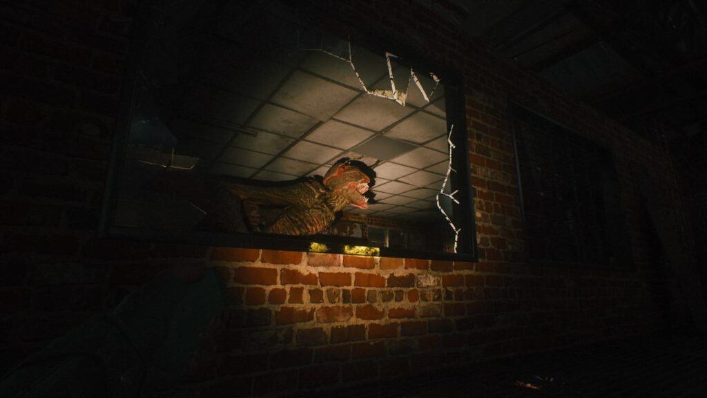 A dinosaur figure looms through a broken window in the dimly lit brick building, reminiscent of a scene from "A Quiet Place: The Road Ahead.