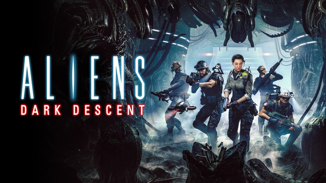 Soldiers, clad in futuristic gear, advance through a dark, alien-infested tunnel. The text reads: Aliens: Dark Descent.