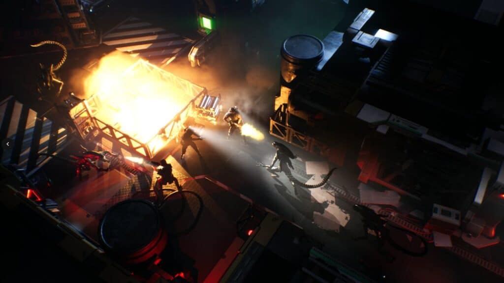 In a scene reminiscent of Aliens: Dark Descent, shadowy figures and extraterrestrial beings engage in fierce combat near a glowing fire, casting flickering shadows across the dimly lit, industrial landscape.