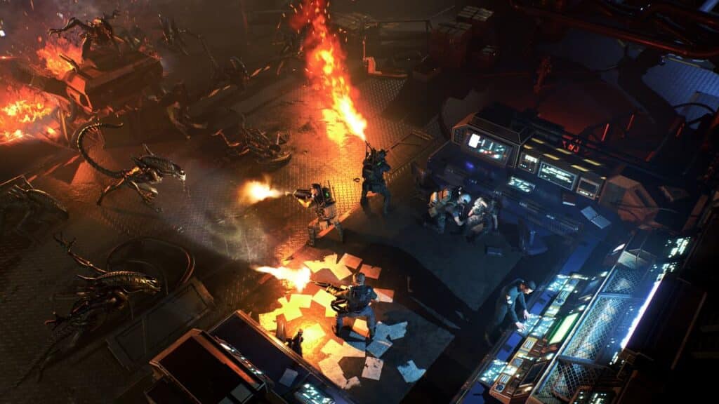 In a high-tech control room, soldiers face a fierce Futuristic battle scene against alien creatures straight out of Aliens: Dark Descent, as fire and chaos erupt around them.