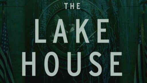 The text "The Lake House" appears against a backdrop featuring American flags and a partially visible government seal, reminiscent of the mystery and intrigue found in Alan Wake 2: The Lake House.