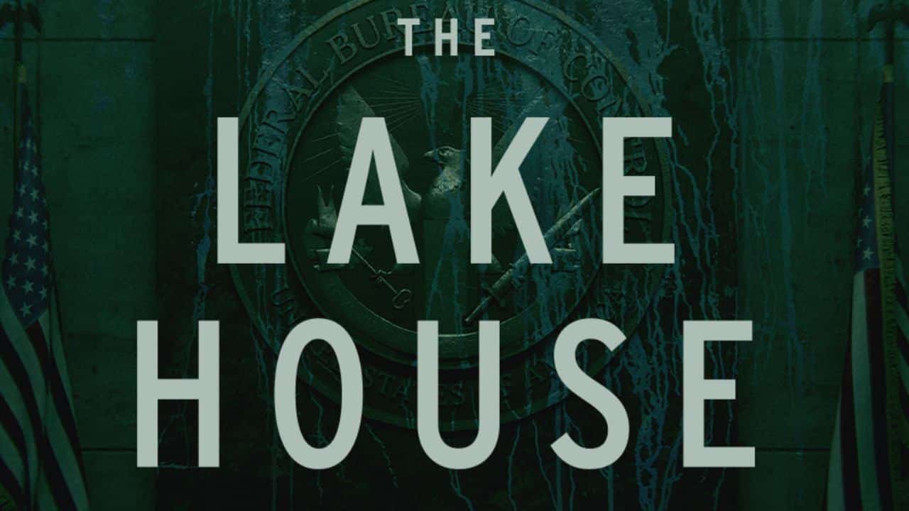 The text "The Lake House" appears against a backdrop featuring American flags and a partially visible government seal, reminiscent of the mystery and intrigue found in Alan Wake 2: The Lake House.