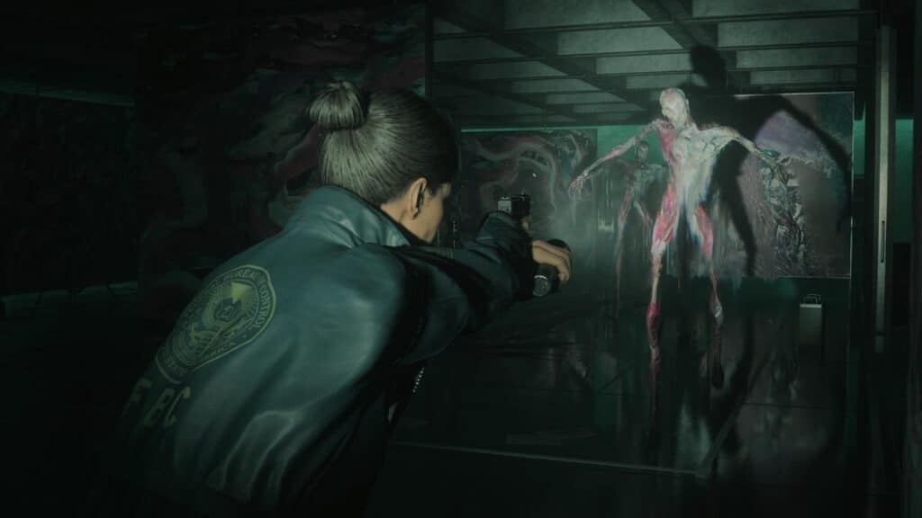 In a dark, eerie room reminiscent of Alan Wake 2: The Lake House, a person aims a gun at a monstrous creature lurking in the shadows.