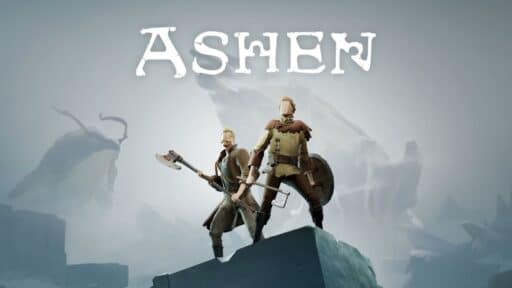 Two faceless characters wielding weapons stand on a misty, mountainous ledge. Above them, the word ASHEN looms large.