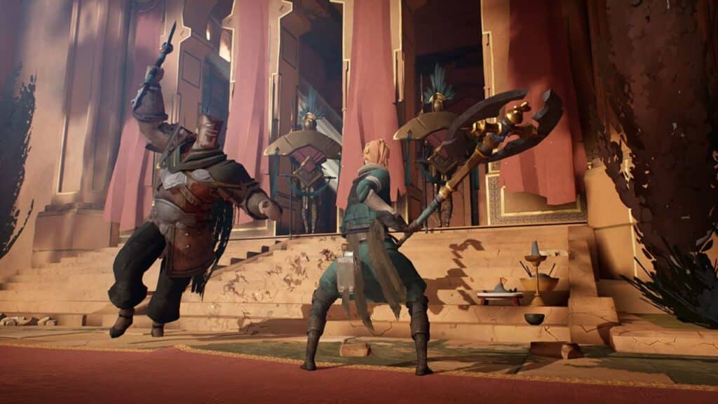 Two ashen-armored characters with weapons face off on ancient temple steps, under a dramatic sky in a scene from the video game Ashen.