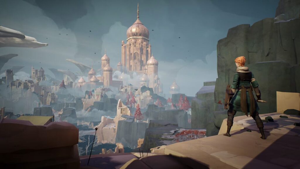 A scene from the video game Ashen where a person gazes over an ashen, grand fantasy city, where a large domed building looms beneath the cloudy sky.