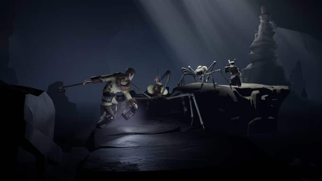 An ashen figure with a lantern and weapon confronts large insect-like creatures in a dark, rocky cave in the video game Ashen.