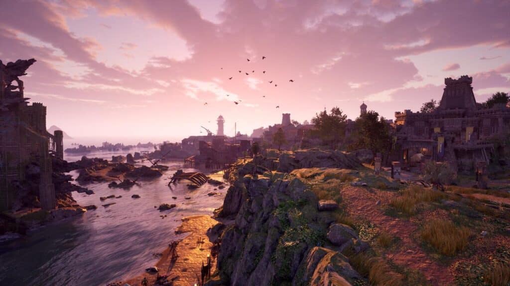 A scenic coastal view at sunset, where rocky terrain and ancient ruins meet the pastel sky, reminiscent of a realm soon to be explored. As birds soar above, anticipation fills the air like whispers of an impending Avowed release date.