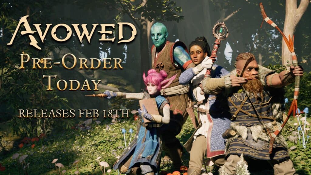 In a mystical forest, four fantasy characters stand ready for adventure. Mark your calendar—the Avowed release date is February 18th. Pre-order today and join the epic journey!