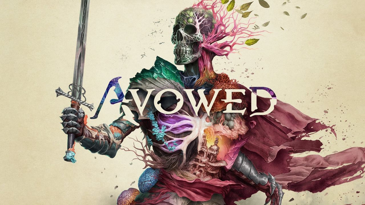 A skeleton warrior adorned with colorful foliage wields a sword under the "Avowed" title, hinting at the much-anticipated Avowed release date.