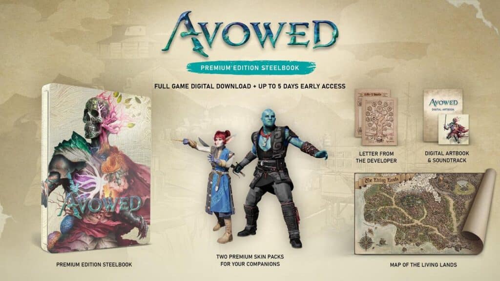 Avowed Premium Edition, set for release on the Avowed release date, includes a steelbook, skin packs, digital content, artbook, soundtrack, and a map.