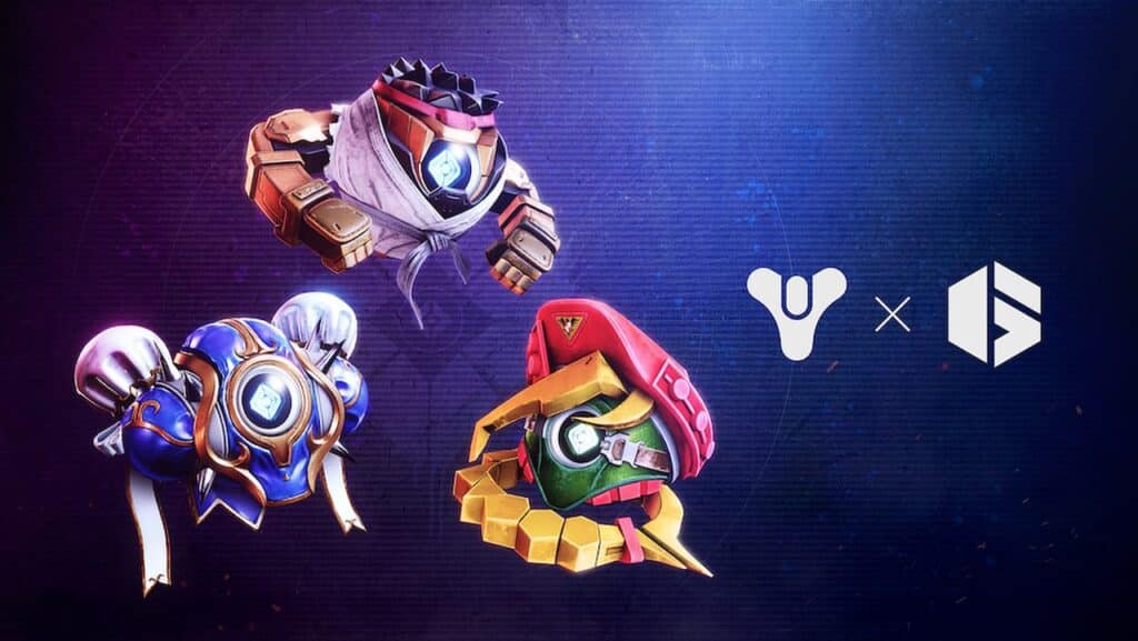 Three stylized robotic characters from Street Fighter 6 on a dark background with a Destiny and arcade game logo on the side from Destiny 2 Revenant Act II.