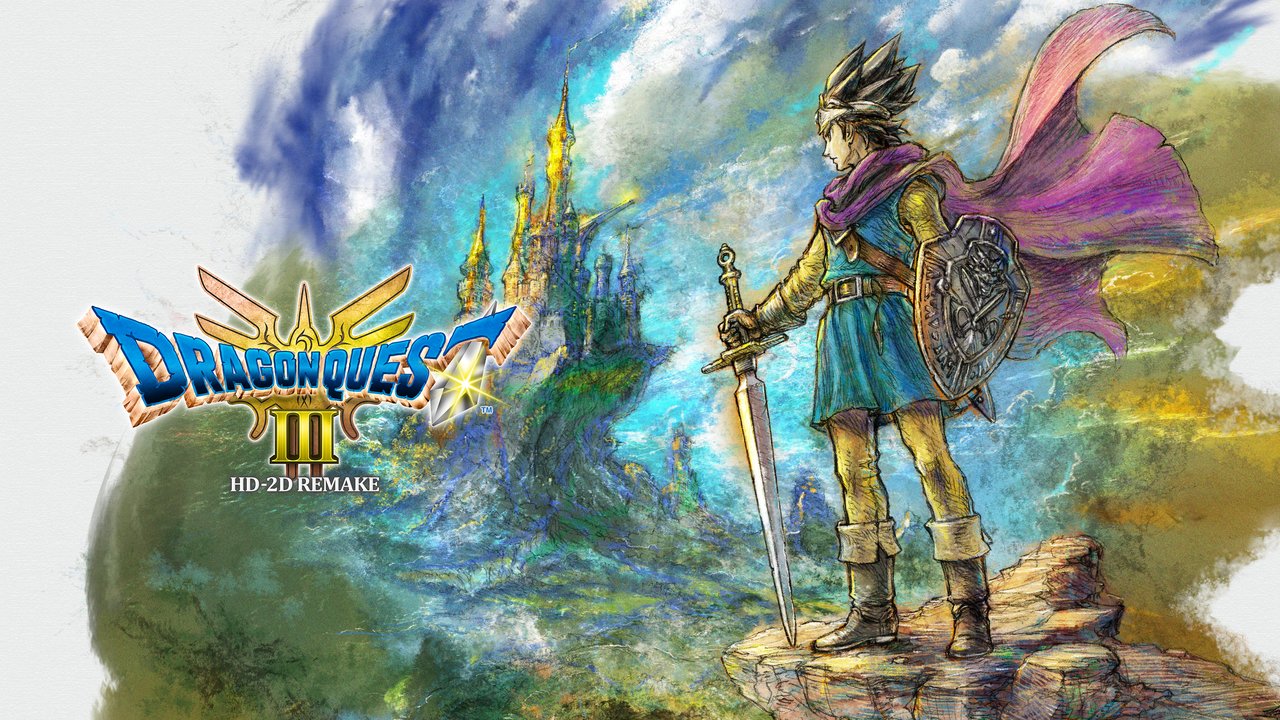 A warrior stands on a cliff with a sword and shield, facing a distant castle, ready to embark on the epic journey of Dragon Quest III HD-2D Remake.