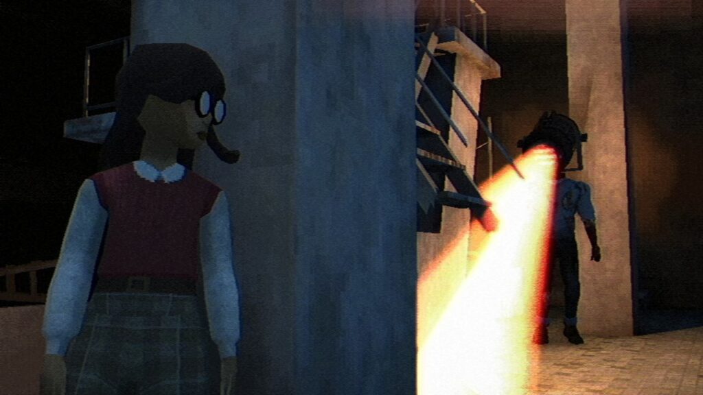 In a scene from Fear the Spotlight, an animated girl hides from a robot unleashing a fiery beam.