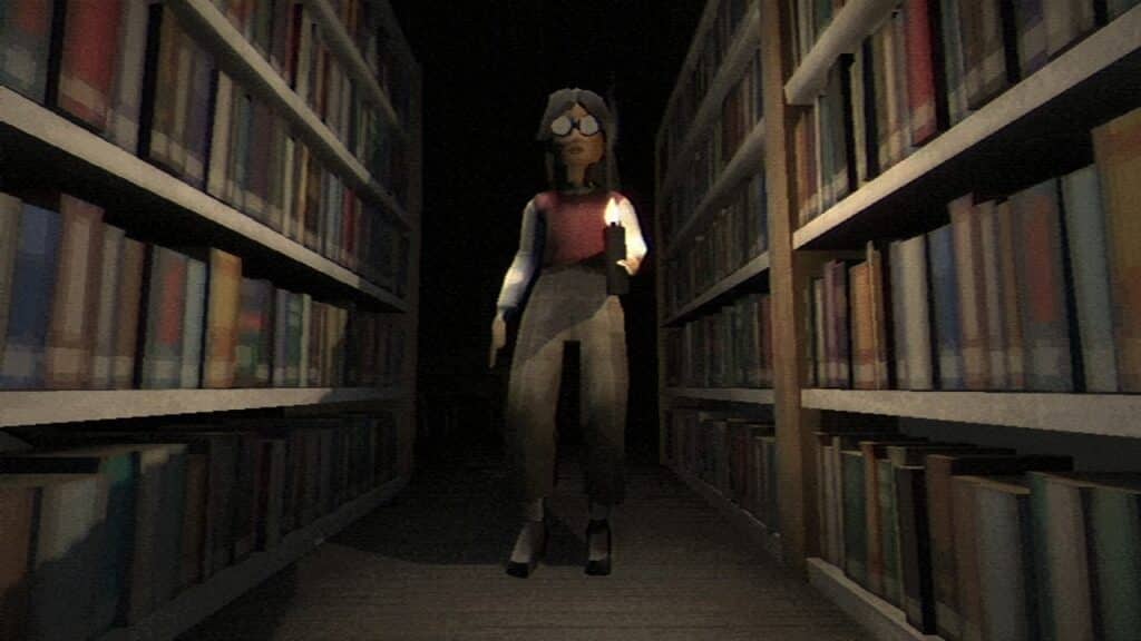 In a scene from Fear the Spotlight, a person with a candle walks down a dark library aisle, aware that they should fear the spotlight as it casts eerie shadows on the bookshelves.