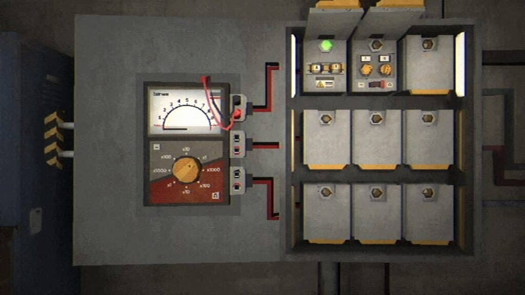 In a scene from Fear the Spotlight, a vintage electrical control panel with gauges, dials, and switches stands prominently against the gray wall.