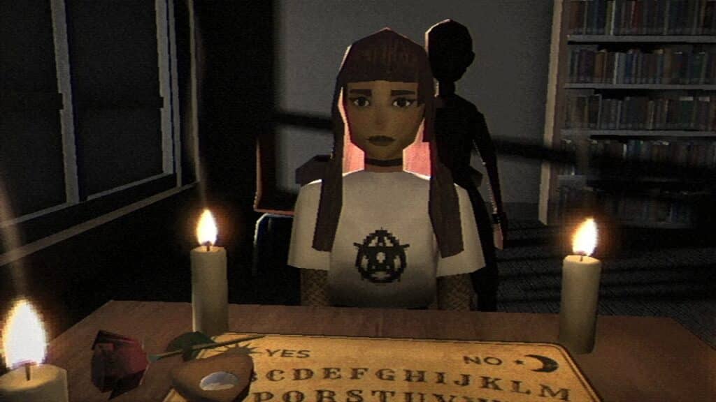 In a scene from Fear the Spotlight, a person at a table with candles and a Ouija board, while the shadowy figure in the background seems to whisper, Fear the Spotlight.