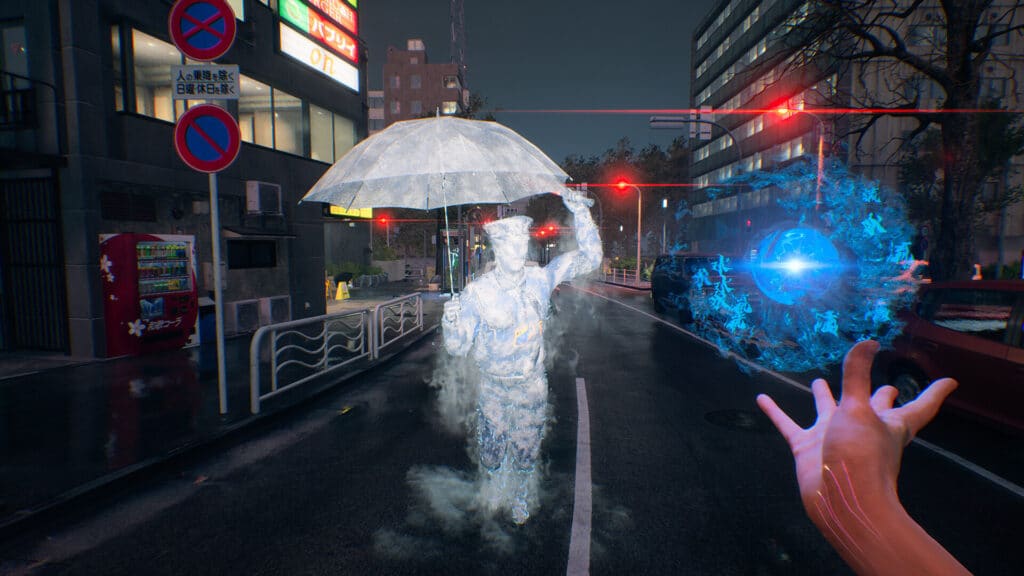 A ghostly figure with an umbrella stands on a rainy city street, eerily from Ghostwire: Tokyo, as it faces a hand holding a glowing blue orb.