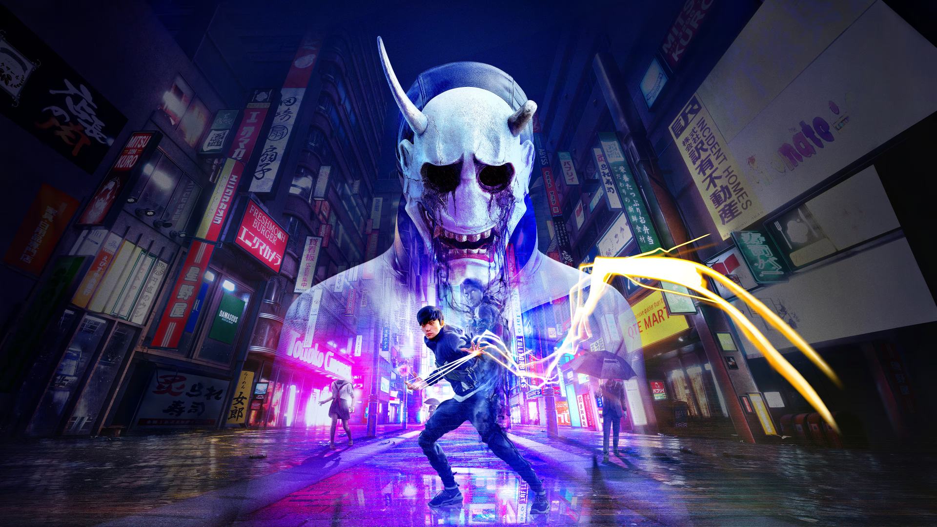 In an urban night setting, a lone figure battles a giant ghostly mask illuminated by neon lights, reminiscent of the eerie encounters in Ghostwire: Tokyo.