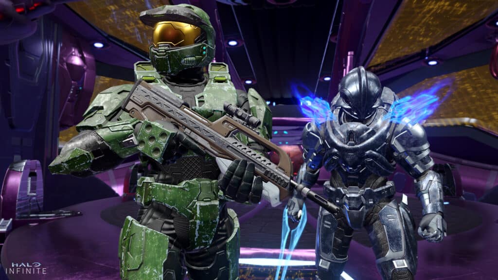 Two armored characters with weapons stand in a sci-fi setting, their futuristic armor suits glowing with intricate details. Celebrating the Halo 2 20th anniversary, their gear showcases elements reminiscent of the iconic game's legendary design.