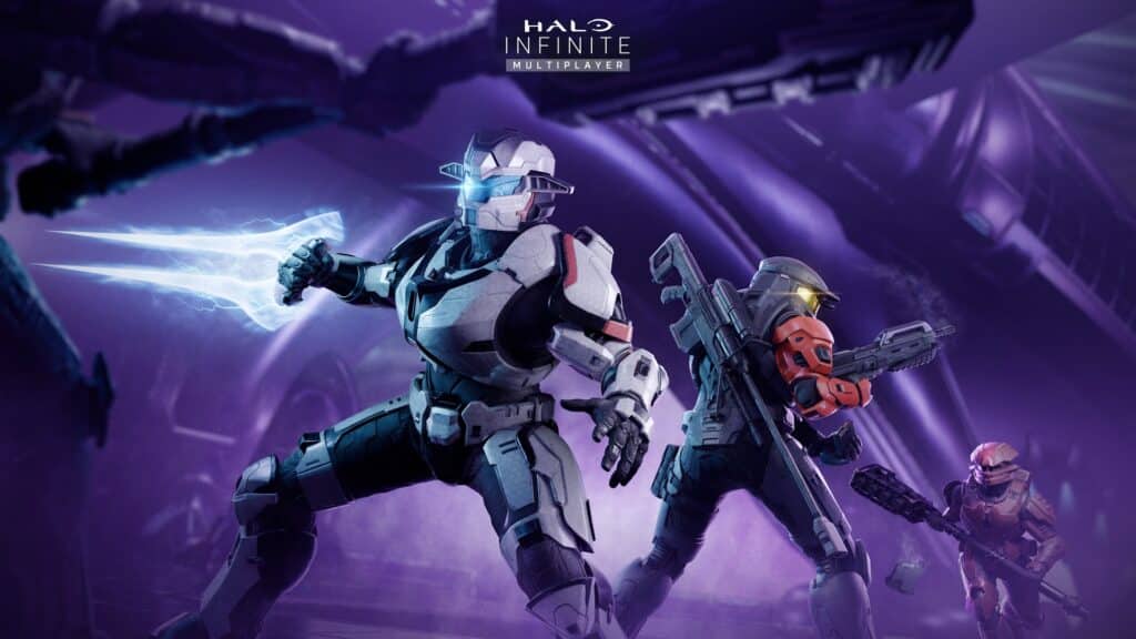 Futuristic soldiers in armor clash with weapons, framed by a purple sci-fi backdrop celebrating the Halo 2 20th anniversary.