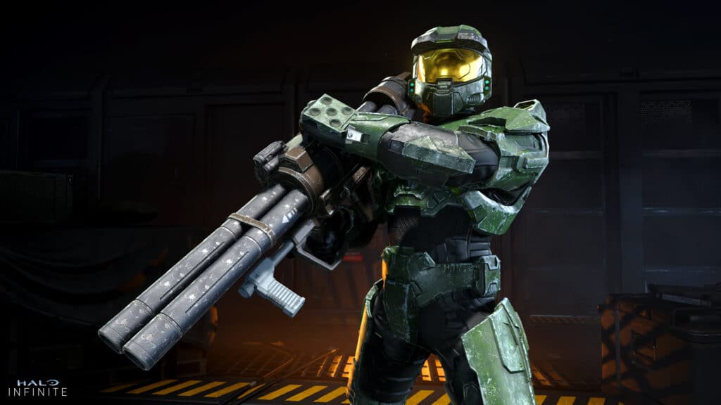 An armored soldier in a green suit, reminiscent of Halo 2's iconic style, holds a futuristic weapon while standing in a dimly lit room with an industrial design, capturing the essence of its 20th anniversary.