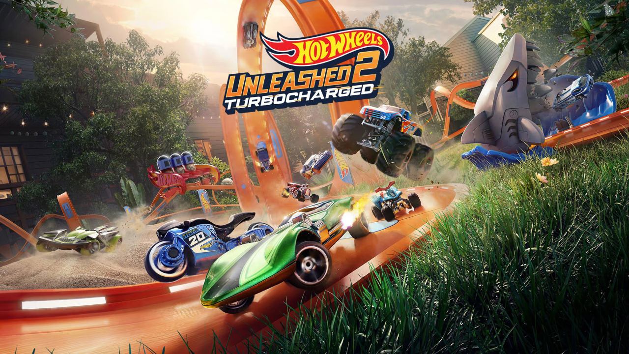 Colorful toy cars race on orange tracks through various outdoor obstacles, featuring the Hot Wheels Unleashed 2: Turbocharged logo.