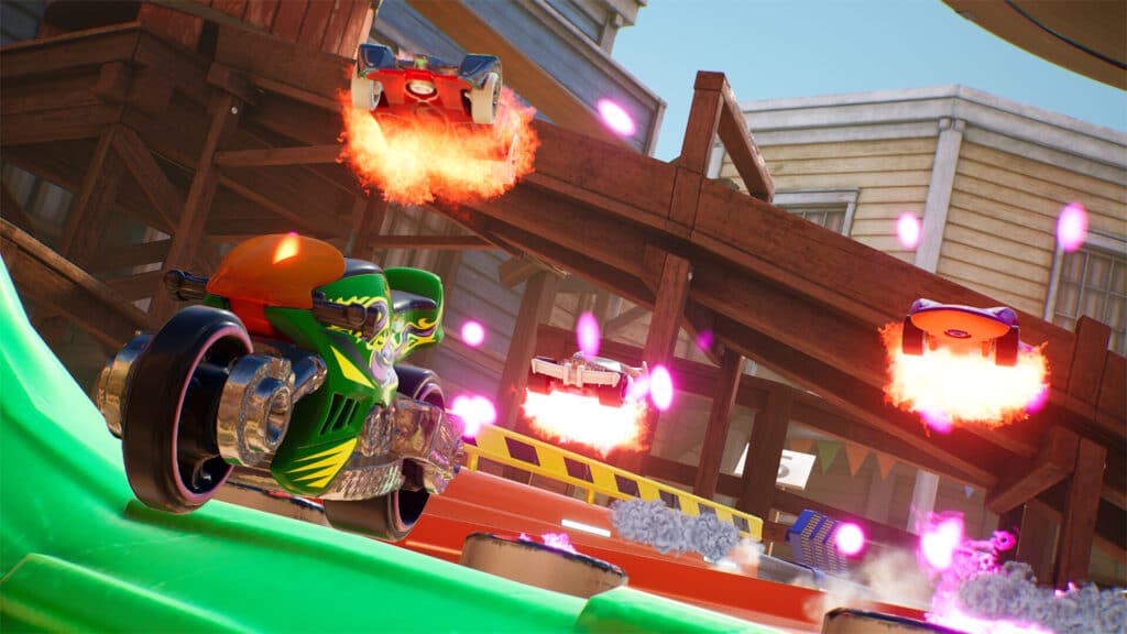 In the colorful, dynamic setting of Hot Wheels Unleashed 2: Turbocharged, toy cars with fiery boosts race on a vibrant track.