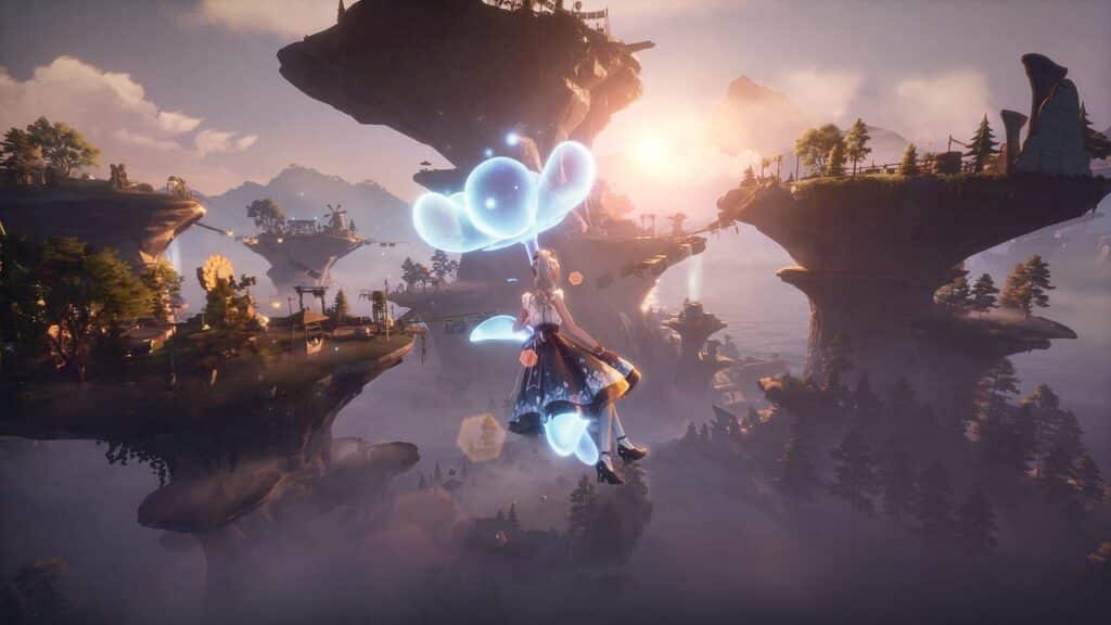 A character from Infinity Nikki gracefully floats with magical balloons over a fantasy landscape, where floating islands drift under a glowing sky.