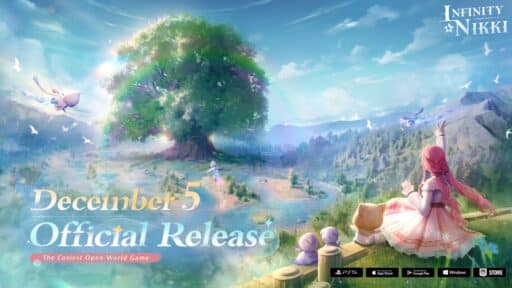 A girl sits by a tree in a fantasy landscape of Infinity Nikki, where dreams and adventures unfold. Discover this enchanting world as it releases on multiple platforms.