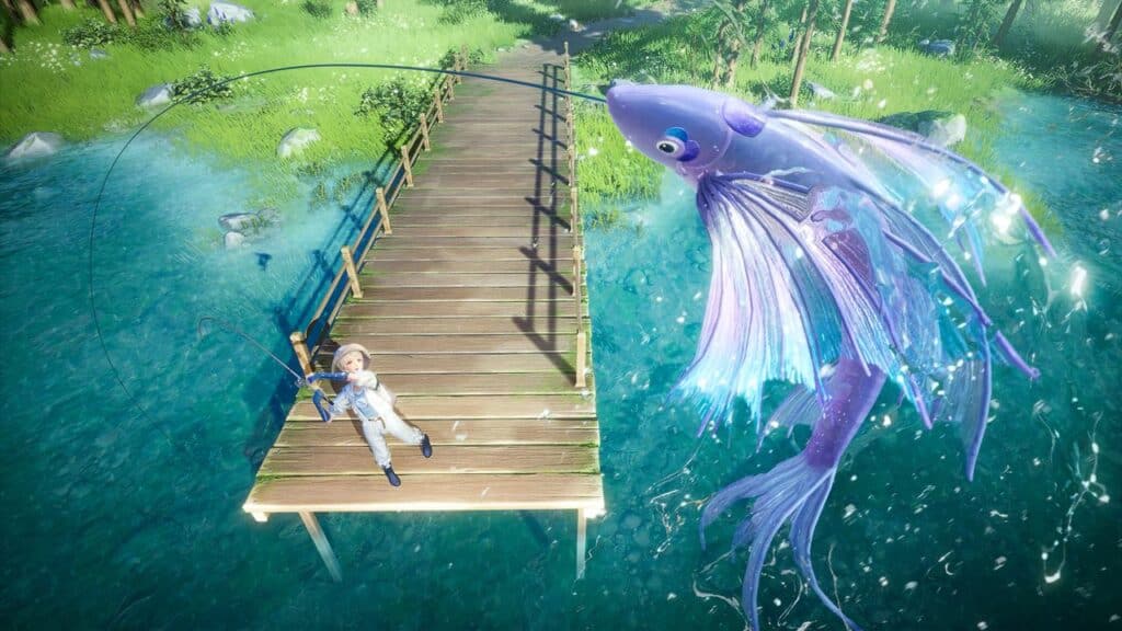 In the vibrant, fantastical world of Infinity Nikki, a person fishing from a wooden dock reels in a giant, glowing, purple fish.