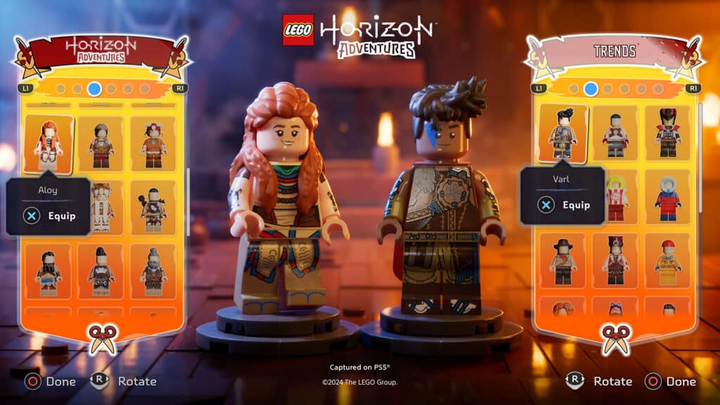 The LEGO Horizon Adventures game menu features a vibrant character selection screen, complete with custom options tailored for an immersive experience.