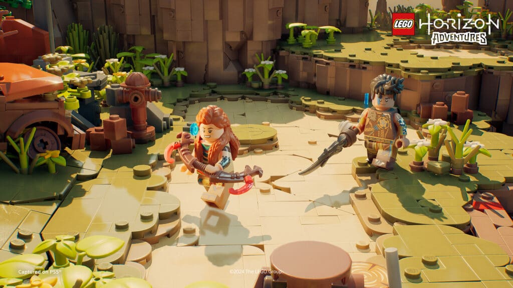 In a lush, jungle-like setting, LEGO characters equip themselves with weapons, embodying the adventurous spirit of the Horizon Adventures game theme.