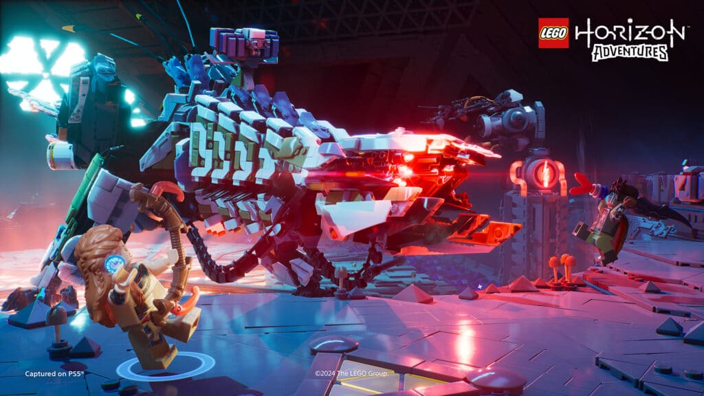 In LEGO Horizon Adventures, characters face off against a gigantic robotic dinosaur amidst glowing red and blue lights in a thrilling futuristic setting.